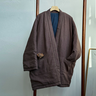 清宁 冬季中式亚麻汉服夹棉外套双面穿手作禅意开衫中长棉服袍子