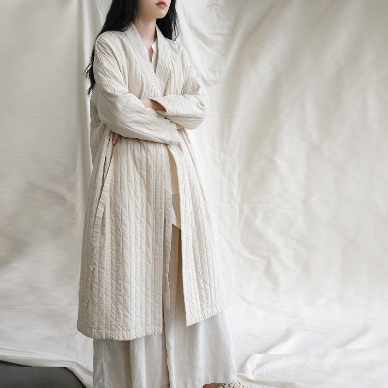 青山远 原创秋冬复古中式斜襟绗棉汉服长款外套禅意清冷感棉衣袄