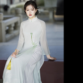 长款 窈窕 少女修身 手绘荷花雪纺奥黛旗袍改良年轻款 连衣裙 春夏款