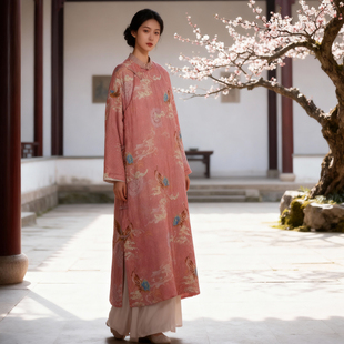 凤凰 冬季苎麻印花禅意斜襟盘扣长款夹棉袍子中式国风棉衣琴茶服