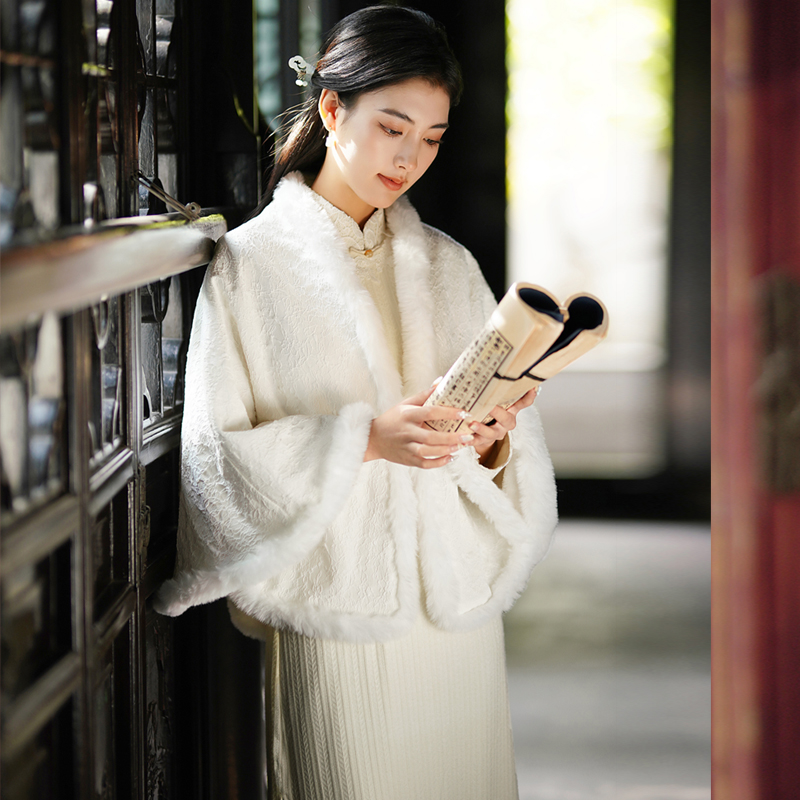 加绒加厚中长款旗袍外搭披肩外套
