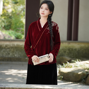 丹砂 春秋新中式安可拉红丝绒绣花外套禅意交领汉服茶服开衫上衣