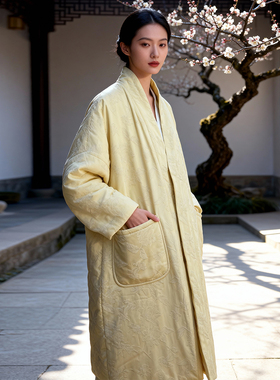 止语 冬季原创复古棉麻印花中式宽松禅意棉衣夹棉保暖汉服棉外套