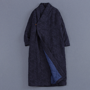 随心 冬季文艺复古中式禅意棉麻提花加厚汉服长款棉袍保暖夹棉衣