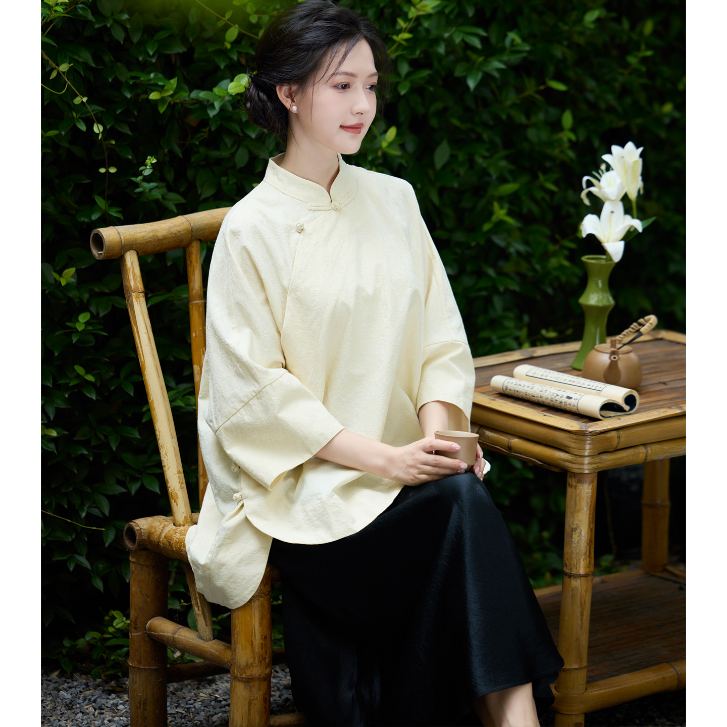 栖桐 秋季新中式国风禅意茶服老钱风天丝棉倒大袖上衣中长款衬衫