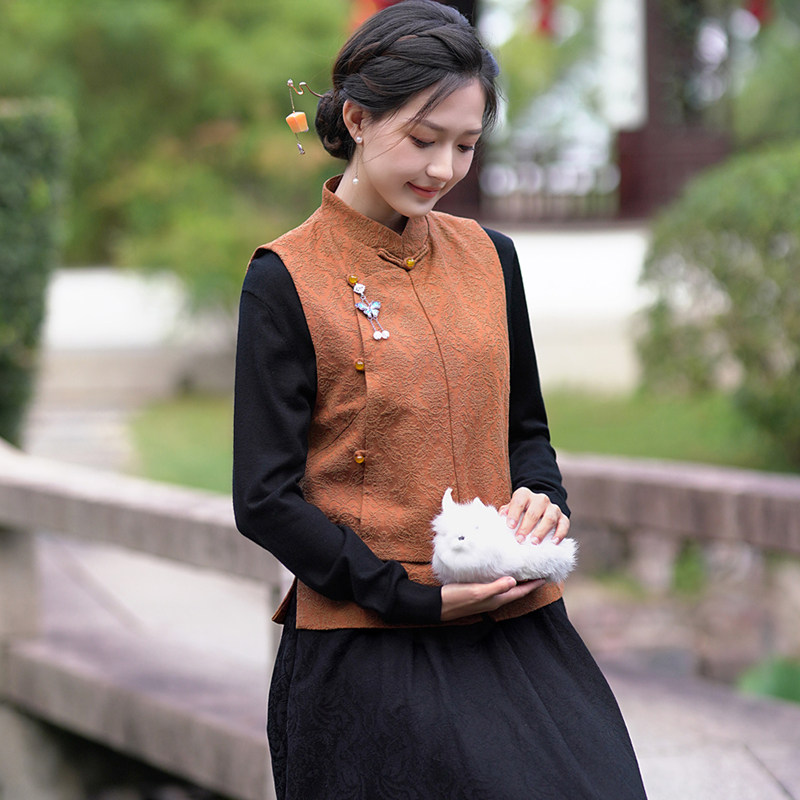 祝君好 清仓秋冬棉麻提花盘扣女琵琶襟中式立领马甲百搭茶服外套,女装/女士精品,马夹,淘宝优惠券,粉丝福利购,淘宝优惠卷