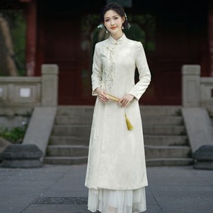 暮江吟 汉服绣花缎面提花连衣裙禅意中国风茶服外套 秋冬旗袍唐装