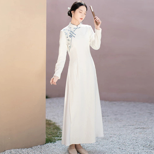旗袍奥黛修身 民国风绣花棉麻禅意茶服厚款 连衣长裙 秋冬中式 裁冰