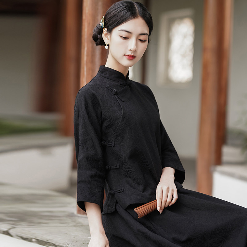 棉麻提花倒大袖民国风盘扣上衣