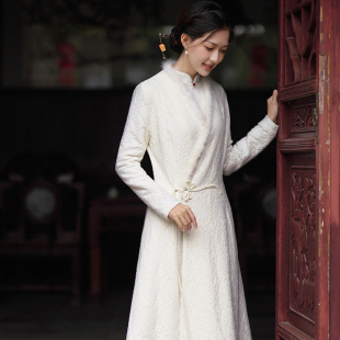 阶前月 秋冬禅意女装水貂毛领茶服厚外套针织提花改良汉服连衣裙