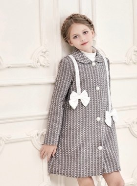 店铺转项经营全场甩卖女童春秋小香风风衣银灰色蝴蝶结外套亲子款