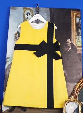 童装女童秋冬新款黄色毛呢撞色大蝴蝶结设计师款连衣裙背心裙