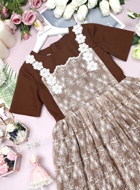 店铺转项经营全场甩卖女童夏装纯棉咖色绣花假两件短袖连衣裙