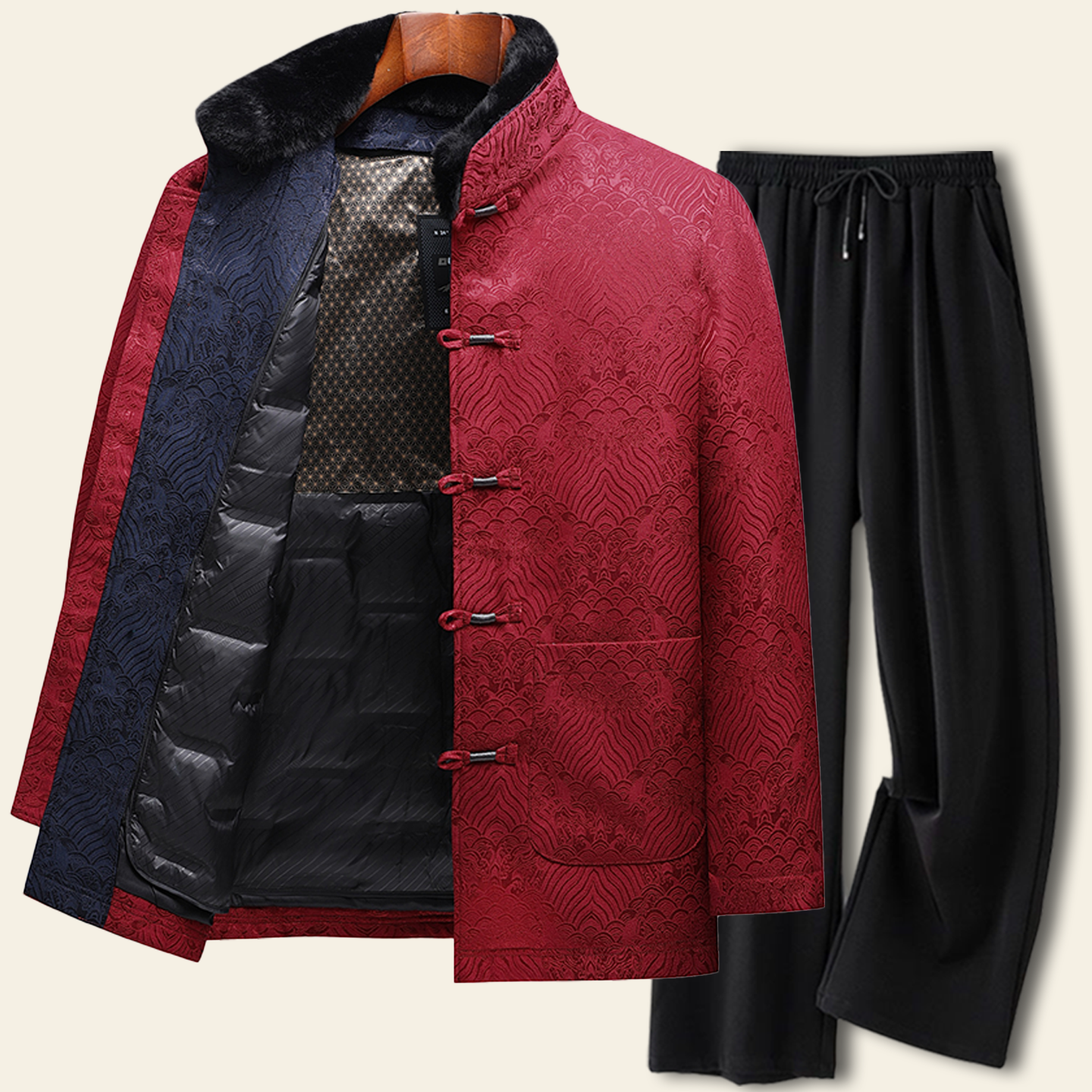 新中式唐装男蚕丝套装冬季加厚羽绒服可脱卸内胆爸爸装中老年外套