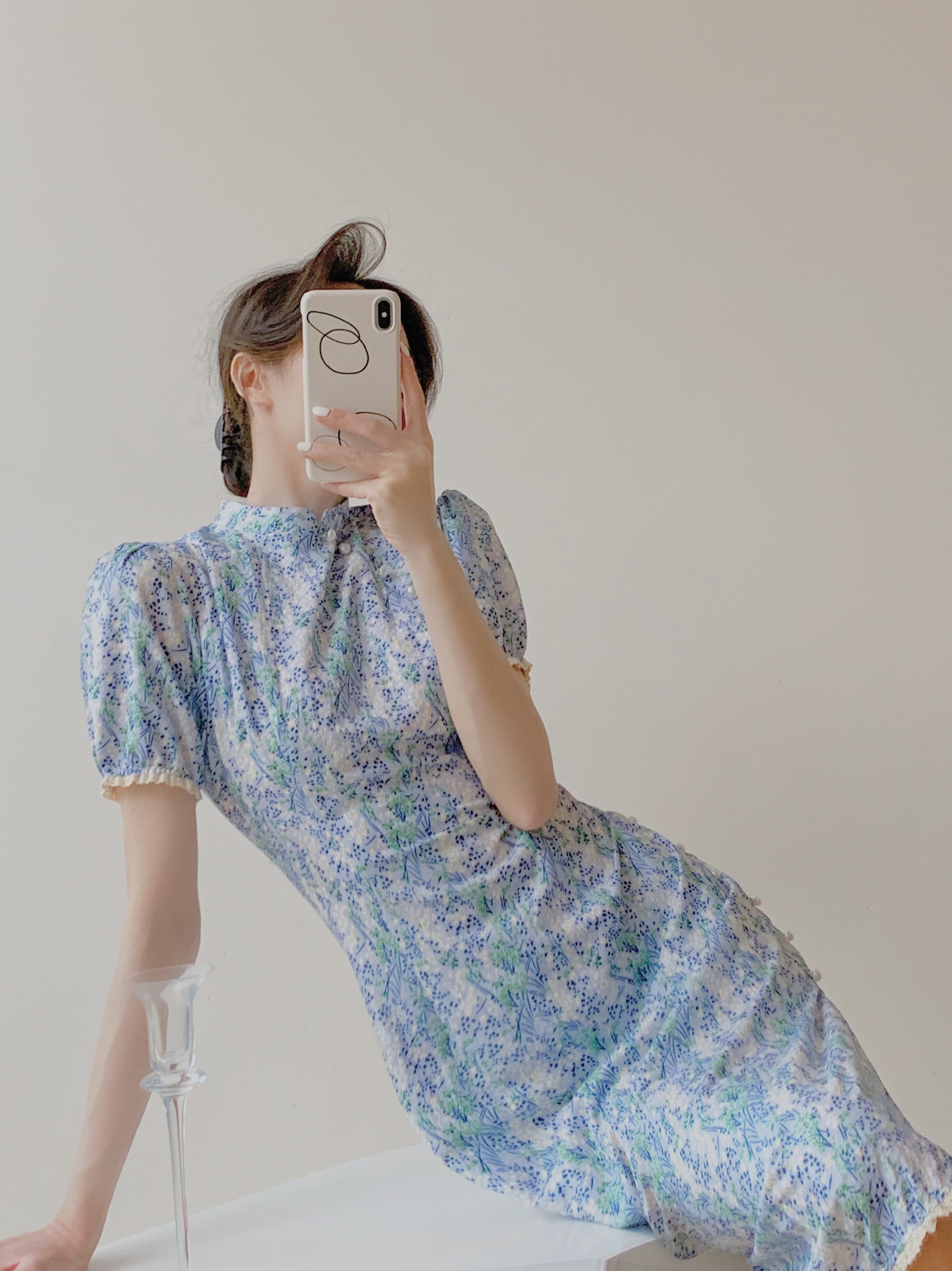 Srose 复古蓝色国风碎花连衣裙气质收腰显瘦改良新中式年轻款旗袍