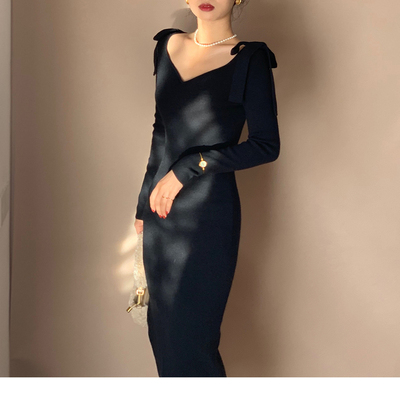 复古秋冬丝绒连衣裙外套针织裙