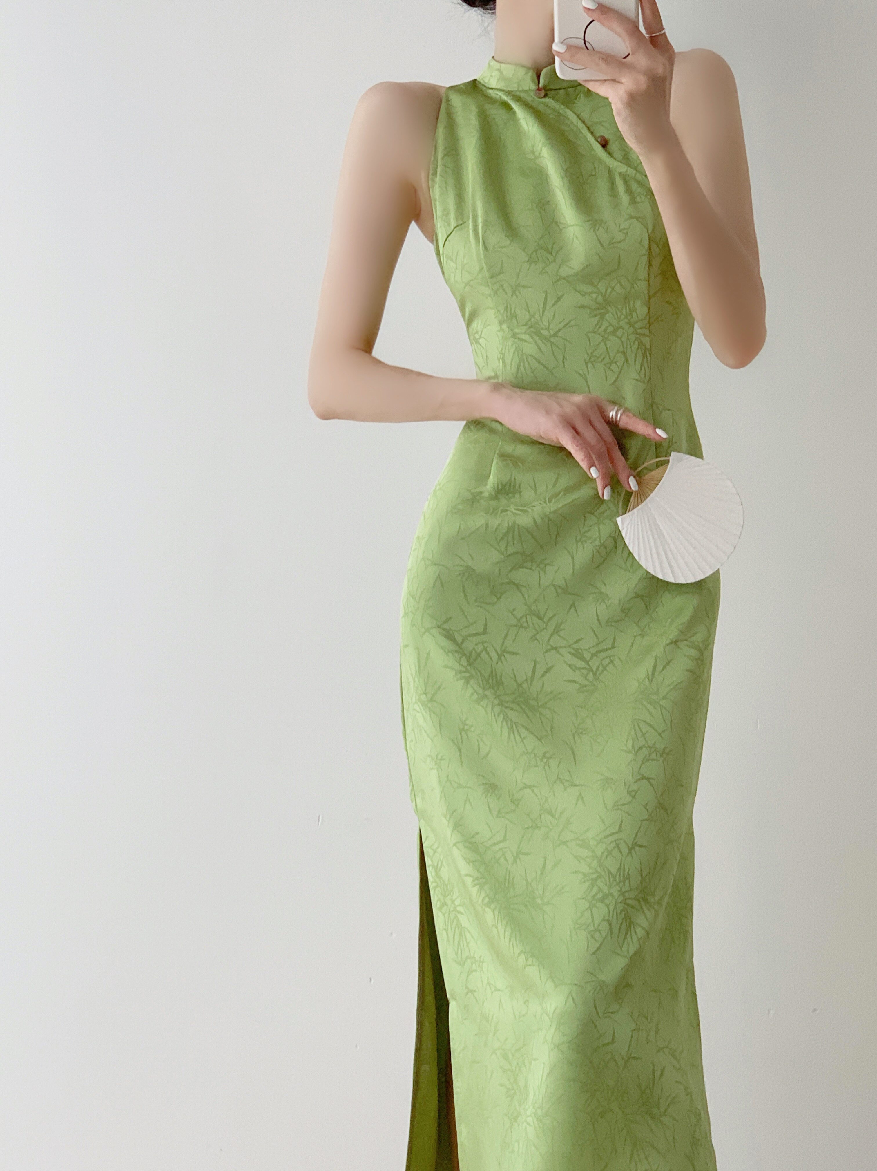 srose 绿竹 中国风新中式改良设计无袖旗袍裙少女款复古连衣裙