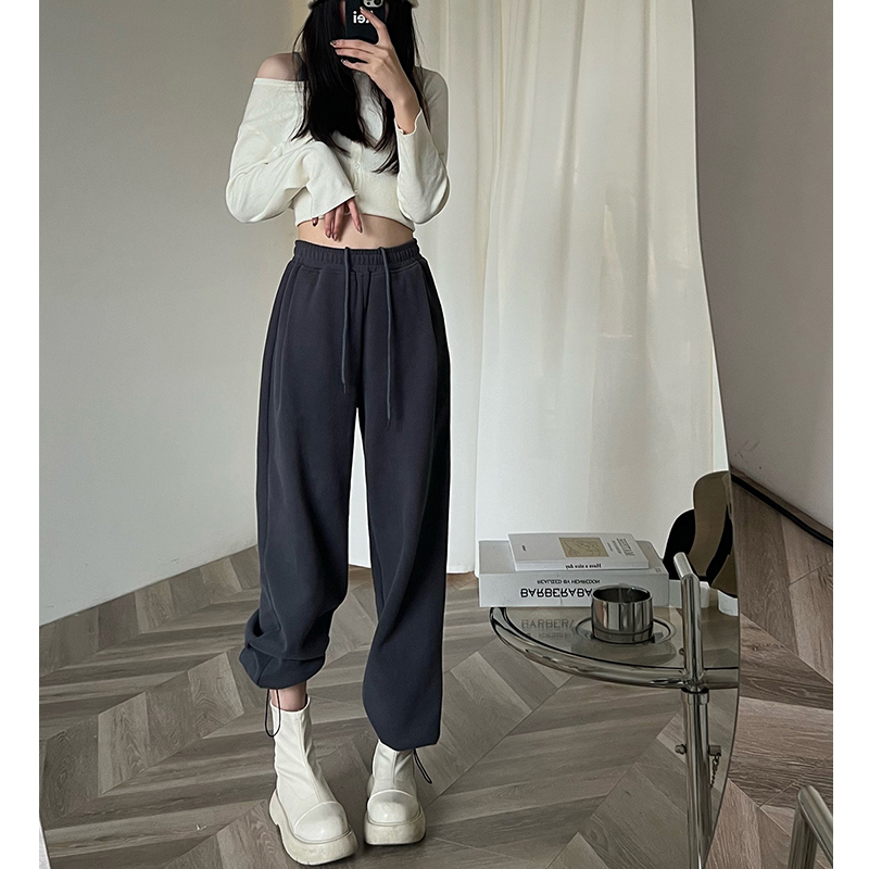 高腰卫裤灰色束脚运动裤女