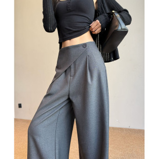 春夏秋季 灰色西装 女职业高腰垂感休闲高级感直筒裤 阔腿裤 屁帘裤