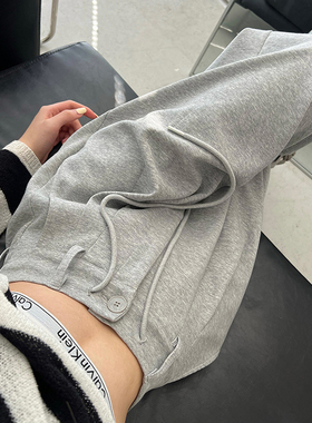 2024年春秋夏季新款灰色运动裤女高腰阔腿直筒休闲薄款美式卫裤