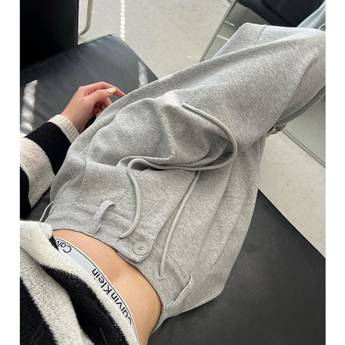 高腰美式灰色卫裤阔腿运动裤女春