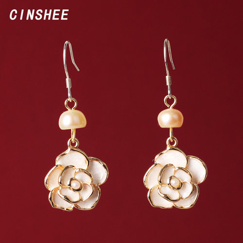 CINSHEE山茶花珍珠手工耳环耳钉