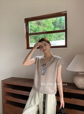 缤典夏新时尚百搭翻领短袖针织衫女高级感洋气打底衫上衣潮66201