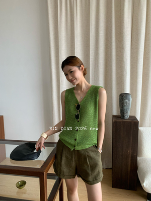 缤典夏新时尚百搭V领无袖针织纽扣开衫女宽松显瘦马甲上衣潮66369