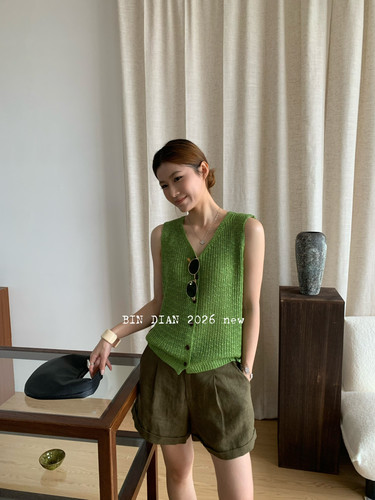 缤典夏新时尚百搭V领无袖针织纽扣开衫女宽松显瘦马甲上衣潮66369