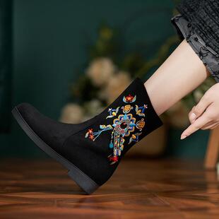 显瘦绣花靴流苏靴子 国风短靴子平底骑士靴老北京布鞋 秋冬新款 中式