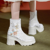 汉服短靴女新款 厚底松糕底百搭民族风绣花鞋 古风中国风舞蹈茶艺靴