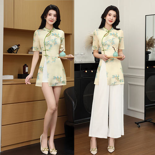 秋冬款高端茶艺师禅意休闲短裙阔腿裤两件套中式改良沐足spa工衣