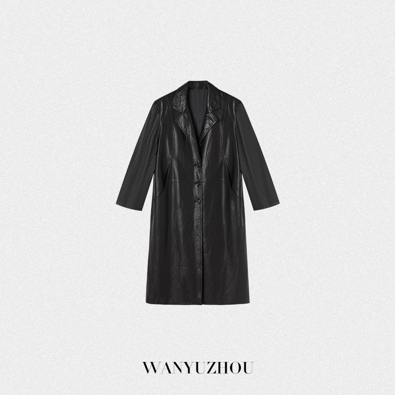 【WANYUZHOU】西装领免烫秋冬长款羊皮外套时尚女士设计师皮衣