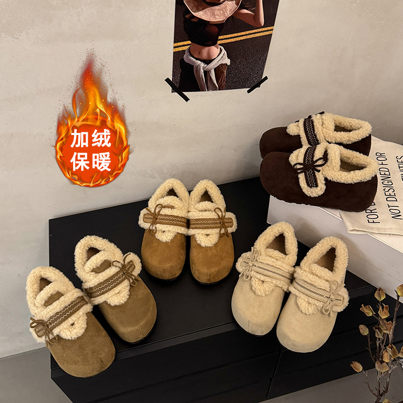厚底勃肯鞋加绒刺绣蝴蝶结女2025年冬季新款百搭保暖大棉鞋外穿