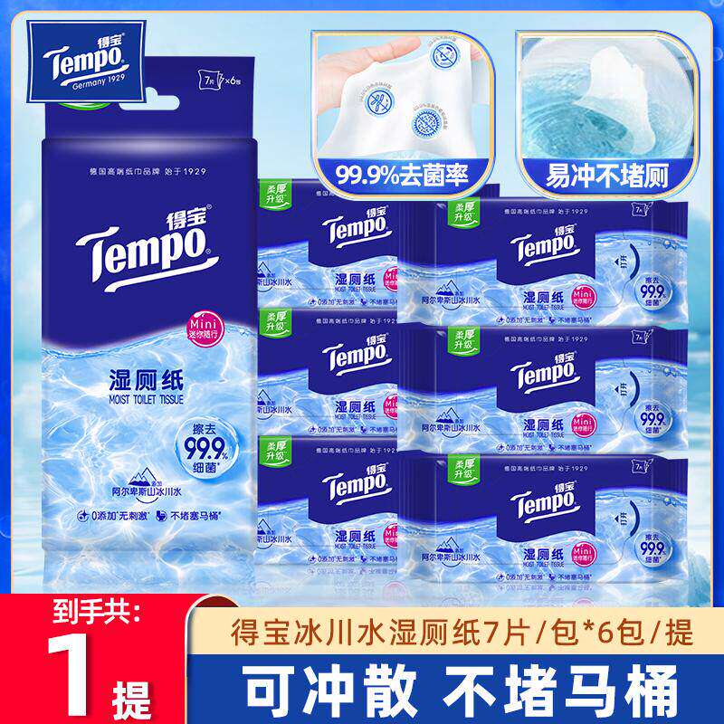 Tempo得宝冰川水湿厕纸42片迷你便携小包擦屁屁纸巾可冲散湿厕巾图片