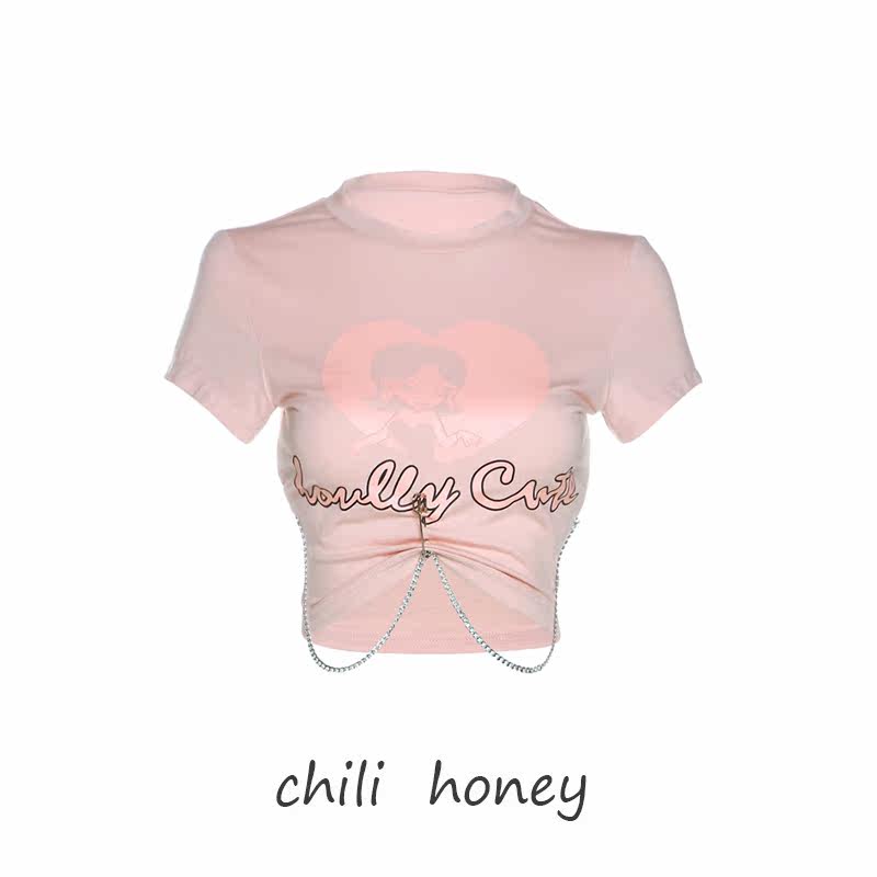 chili honey美式设计感紧身链条短袖上衣夏露腰跳舞辣妹粉色T恤女|ruв категории Женская одежда, футболка - от Buy2taobao.com для оказания профессиональной услуги покупки агента Taobao
