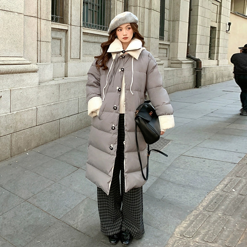 灰白色双面穿羽绒服女中长款2025冬季韩版新款立领白鸭绒加厚外套
