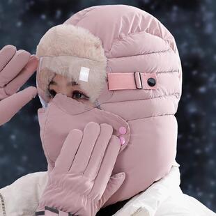 零下严寒东北哈尔滨加绒加厚保暖女冬帽围脖三件套眼镜雷锋帽男