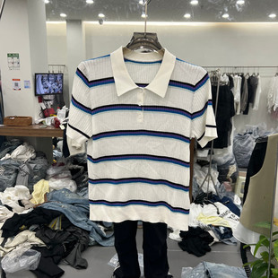 欧洲站2026夏季新款时尚条纹针织衫短袖翻领polo衫百搭T恤女款