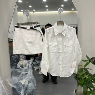 欧洲站2026夏季新款时尚翻领单排扣亚麻长袖衬衫半身裙女款两件套