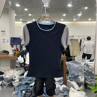 欧洲站2026夏季新款时尚撞色假两件短袖T恤女款修身百搭洋气上衣