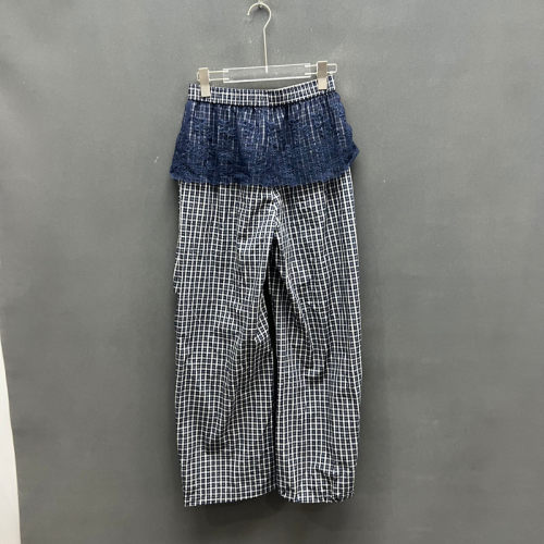 夏季蕾丝拼接格子直筒女休闲裤