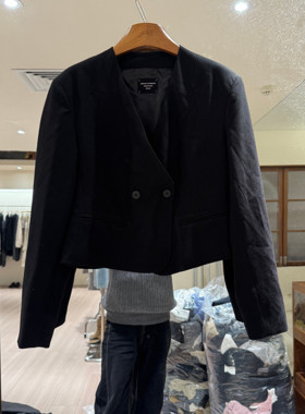 欧洲站2026春季新款时尚V领双排扣短款西装外套女款欧货1108