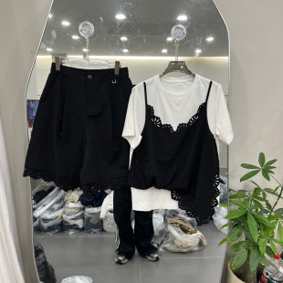 欧洲站2026夏季新款时尚圆领蕾丝拼接假两件吊带短款套装女款欧货