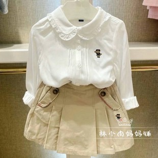 现货小熊童装25年春秋款女童娃娃领白衬衣长袖百搭纯棉衬衫半裙