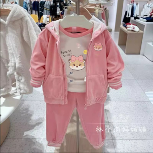 套装 女童天鹅绒卡通连帽外套卫衣TWMW234955运动裤 春秋款 小熊童装