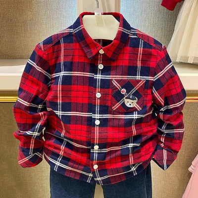 小熊童装春秋款男童休闲格子衬衫