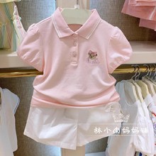 现货小熊童装25年夏款女童翻领短袖T恤中大童纯棉POLO衫休闲汗衫