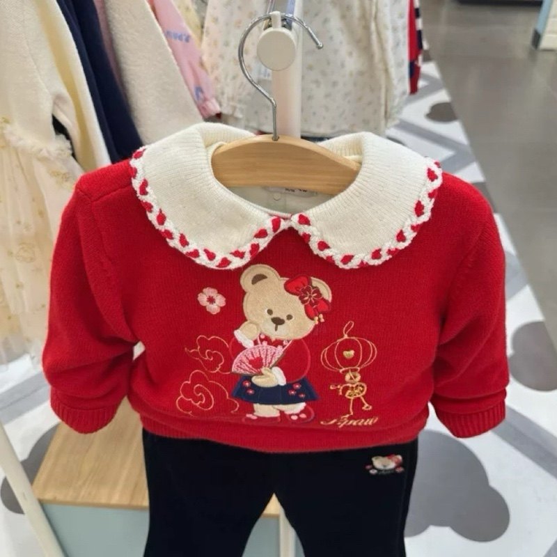 新年款小熊童装冬款女童娃娃领羊毛红色毛衣新中式拜年服翻领针织,童装/婴儿装/亲子装,毛衣/针织衫,淘宝优惠券,粉丝福利购,淘宝优惠卷