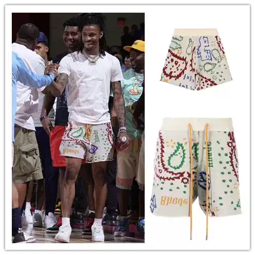 High-Quality Rhude Morant Style Colorful Paisley American High Street Sports Loose Knit Five-Point Shorts